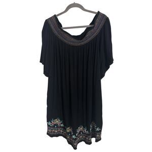 Black Colorful Embroidered Gauzy Swim Cover Up Size 14/16 Pockets Beach Boho